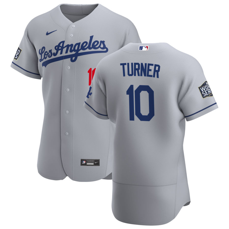 Los Angeles Dodgers 10 Justin Turner Men Nike Gray Road 2020 World Series Champions Authentic Team MLB Jersey